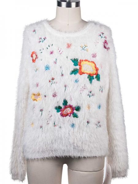 LADIES' FEATHER YARN FLOWER EMBROIDERY PULLOVER