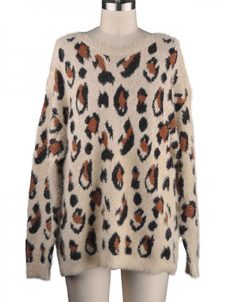 LADIES' FEATHER YARN LEOPARD JACQUARD PULLOVER